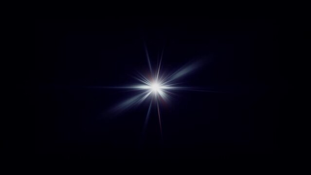 Abstract loop center white blue star optical lens flare shine light animation on black background.