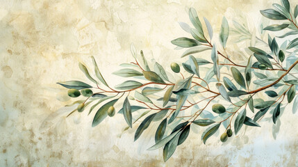 Watercolor painting of olive branches embodying peace and Mediterranean culture. - obrazy, fototapety, plakaty