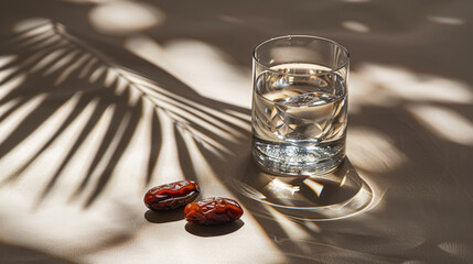 Aesthetic dark background with glass of water and dry dates. Iftar time. Muslims and ramadan concept. Generative AI