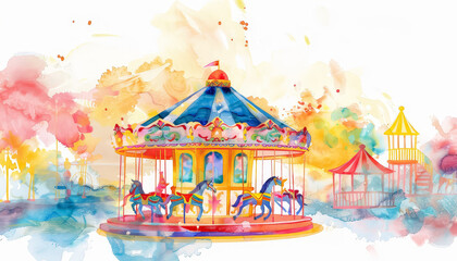 Fototapeta na wymiar A colorful carousel with a red and white tent