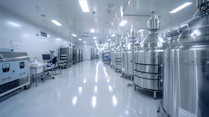 State-of-the-art facility with advanced equipment ensuring sterile production of pharmaceutical products. - obrazy, fototapety, plakaty