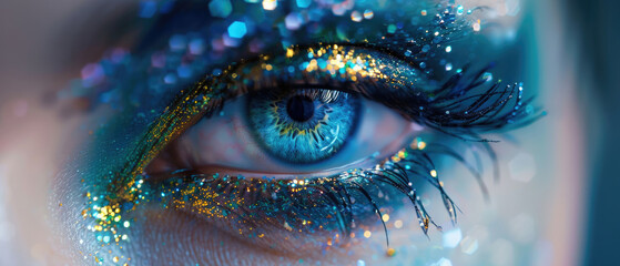close-up magical sparkling eye makeup with a stunning combination of blue green on the iris complemented by a golden outline with long dark eyelashes created with Generative AI Technology