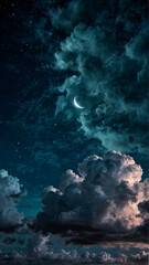 Smartphone Wallpaper. Dreamy Night Sky Stars, Moon, Whispy Clouds, and Fluffy Clouds in Blue Hues