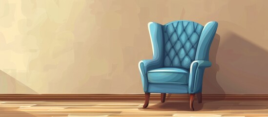 Blue chair placed in a room featuring a wall and wooden floor, creating a simple and cozy atmosphere.
