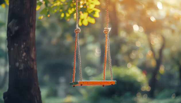 A swing is suspended from a tree branch