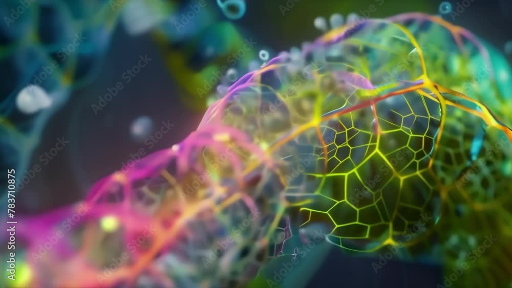 Poster an electrifying image of a chloroplast with dynamic colors and patterns representing its vital role 