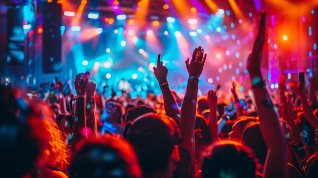 Group of people having fun at music concert. Enjoying great concert. Concert crowd attending a concert, people silhouettes are visible, backlit by stage lights. Raised hands and smart phones. Enjoy.