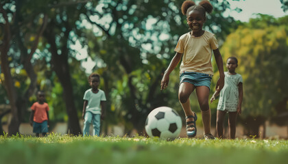 A young girl is playing soccer with a group of children