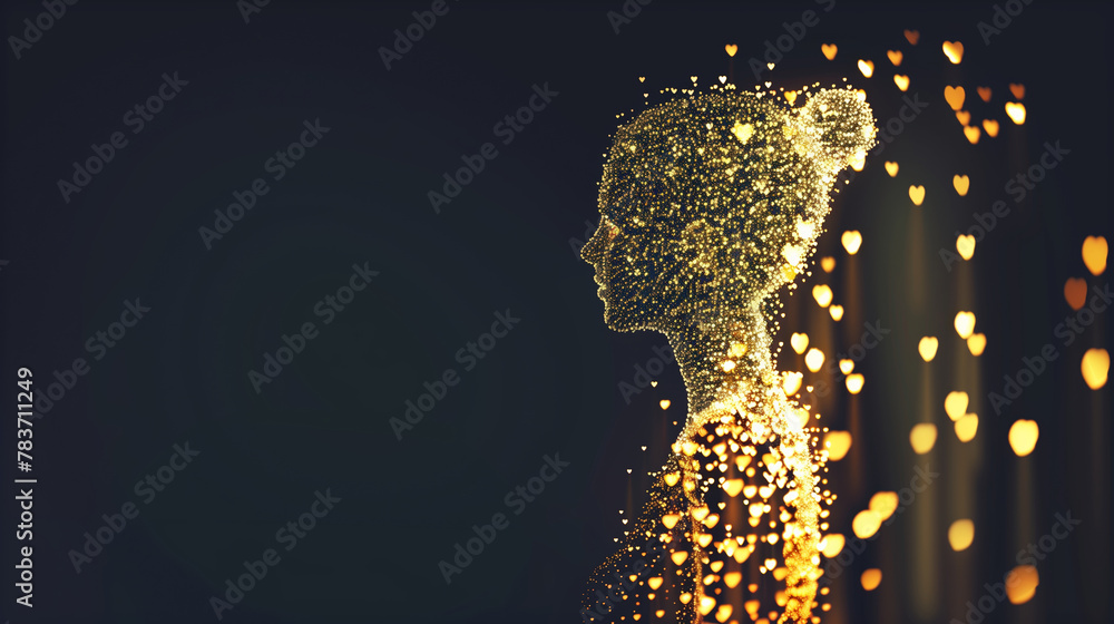 Poster silhouette of a head with sparkling golden particles and heart bokeh