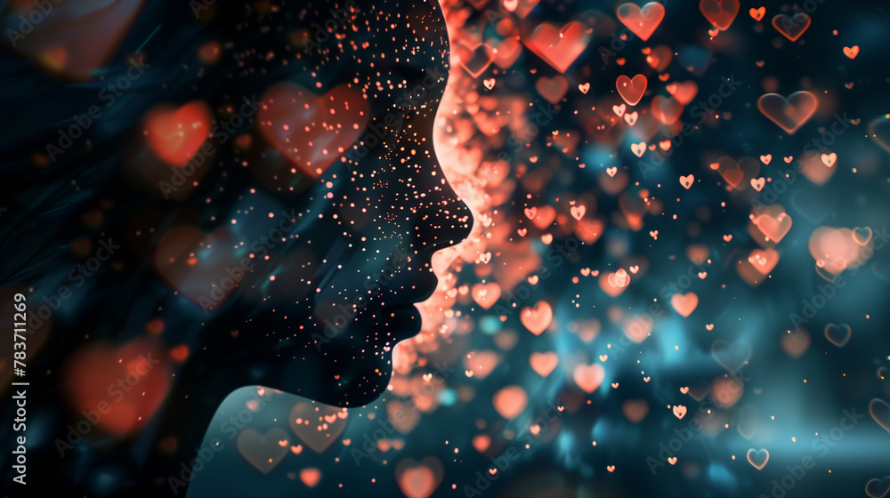 Poster digital silhouette of a head with sparkling particles and heart-shaped bokeh