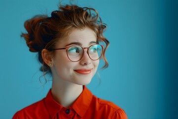 Charming Young Woman with Glasses and Updo Hairstyle Smiling on a Bright Blue Background
