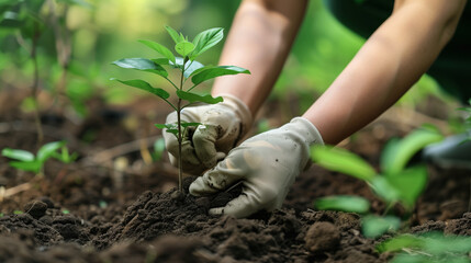 Hands planting a young tree, nurturing the environment - obrazy, fototapety, plakaty