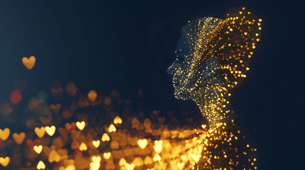 A digital human head profile made of glowing particles and heart shapes