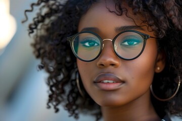 Close-Up of a Young Woman with Curly Hair and Glasses: Intelligent Gaze and Urban Style