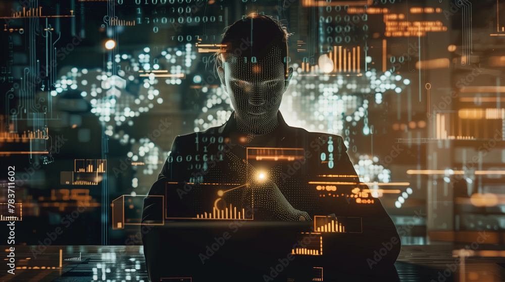 Poster a digital human form analyzing data on futuristic interfaces
