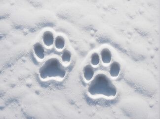 Two sets of a dog's pawprints mark the fresh, untouched snow on a radiant, sunny day; the shapes are too perfect, almost cartoonish. Overhead closeup shot.
