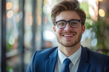 Fototapeta premium Confident Young Man With Beard Wearing Glasses and a White Shirt, Close-Up Portrait. Beautiful simple AI generated image in 4K, unique.