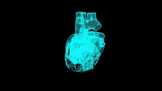 Blue digital human heart on a black background. Futuristic particle cardiac computer tomography scan with rotation 3D render. MRI future, disease, health and medical concept.