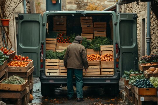 Man standing in front of van filled with fresh fruits and vegetables in narrow alleyway, urban produce delivery concept