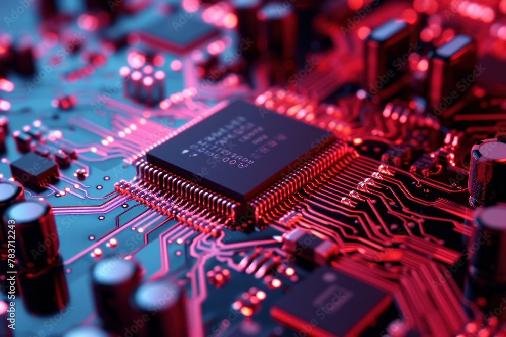 Poster intricate abstract microchip neon. data macro. generate ai