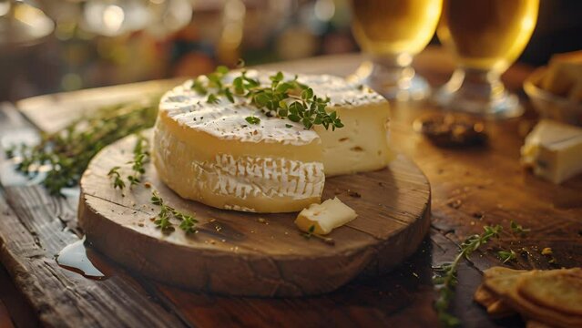 Close-up of brie cheese on a wooden board