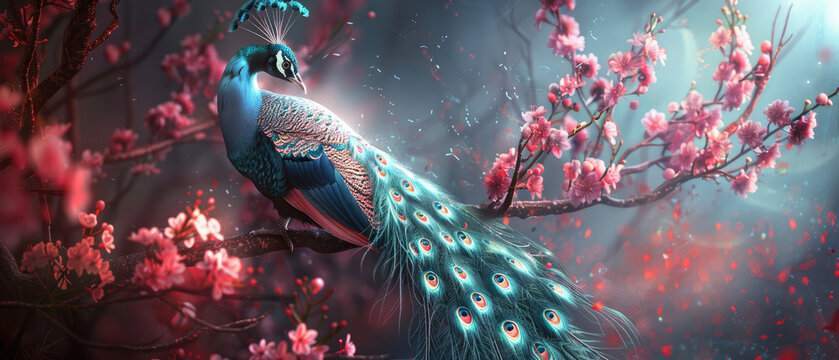 Painting of a beautiful peacock bird with long feathers, blue eyes and a white tail perched surrounded by pink cherry blossom tree branches created with Generative AI Technology