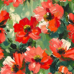 Vibrant painting of red poppies with a white flower on a lush green background