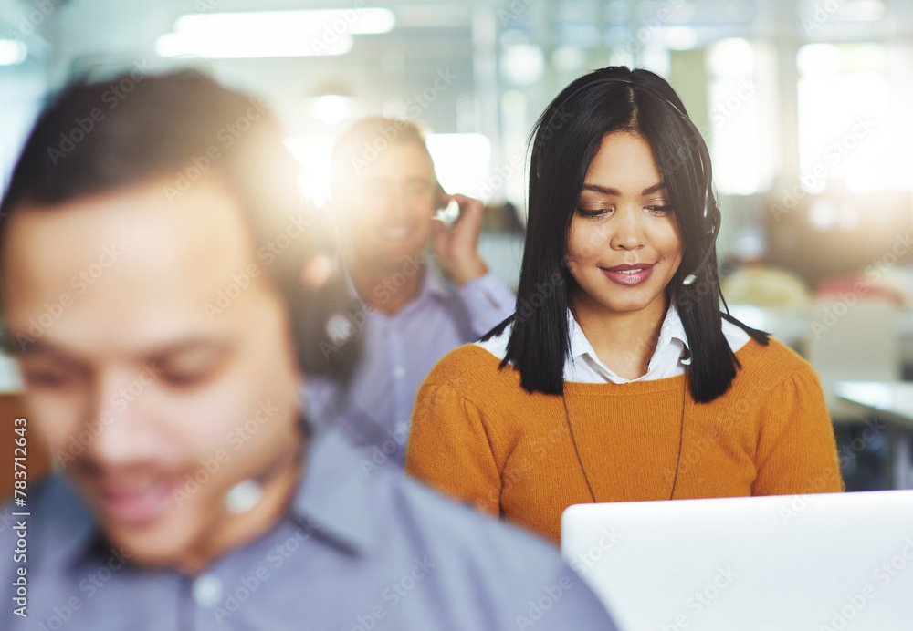 Poster professional, consultant and woman coworking in call center and networking in customer care service.
