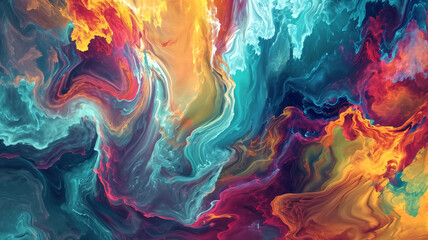 Abstract fluid art with swirling colors of red, blue, and yellow. Acrylic pouring technique. Creative background concept for design and print. Macro shot with place for text - obrazy, fototapety, plakaty