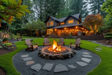 Inviting Fire pit outdoor. Deck night. Generate Ai - obrazy, fototapety, plakaty