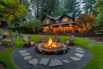 Kussenhoes Inviting Fire pit outdoor. Deck night. Generate Ai © anatolir
