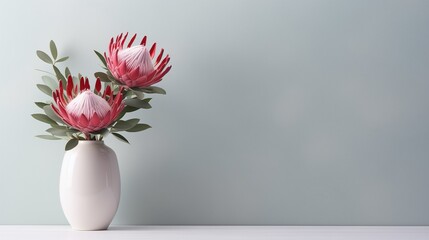 protea bouquet in a white vase against a pastel blue background, minimalist and elegant decoration, vase on the left and copy space on the right, wallpaper