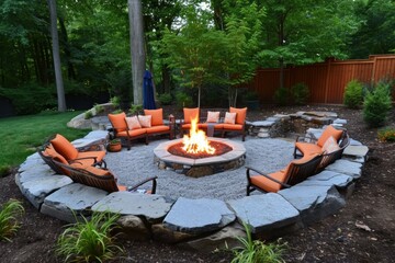 Fototapeta premium Decorative Fire pit outdoor. Deck night. Generate Ai