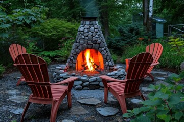 Obraz premium Comfortable Backyard fireplace wood chairs. Plant furniture. Generate Ai
