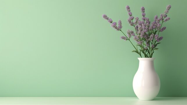 lavender bouquet in a white vase against a light green background, minimalist and elegant decoration, vase on the right and copy space on the left, wallpaper