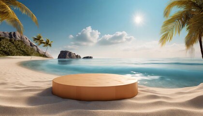 Fototapeta na wymiar Beach podium summer background sand product 3D sea display platform.