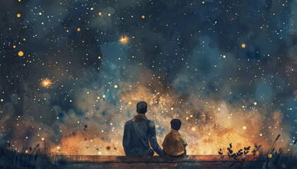 A couple is sitting on a bench looking up at the stars - obrazy, fototapety, plakaty