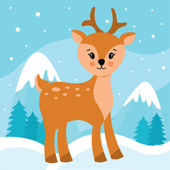 Cute fawn deer vector. Winter snowing pine. Forest animals. Illustration for kids printable worksheets, coloring book pages. Kawaii style. Woodland collection. Simple flat image. Mountain landscape 