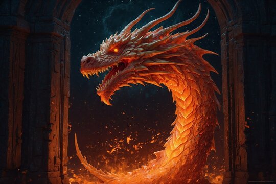 A dragon with red scales and glowing eyes is shown in a dark room