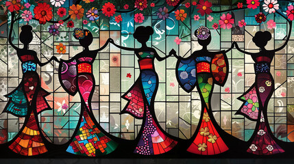  Pop art stained glass window, dancing girls & cherry blossoms. Spring vibes. abstract background
