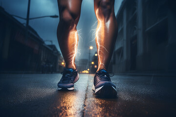 Runner feet running on road close up on shoe jog workout wellness concept. Lightning discharges sparks represent the strength and electric power of muscles, charge and experience of the athlete