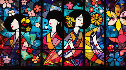  Pop art stained glass window, dancing girls & cherry blossoms. Spring vibes. abstract background