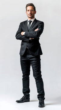 Professional Confident middle-aged businessman male in black suit and tie with arms crossed standing isolated on white background created with Generative AI Technology