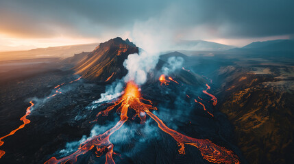 Fototapeta premium Aerial view of an active volcano erupting with flowing lava and smoke against a dramatic landscape. Aerial shot looking directly down on a river of lava. Lava Flows on active volcano aerial view. 