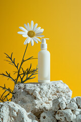 A bottle of white face cream is placed on a white rock with a white flower beside it. yellow background.