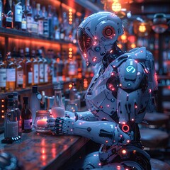 Cybernetic bartender, crafting futuristic cocktails, neon lit bar, social hub