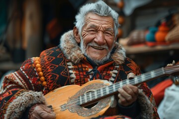 Elderly Man With Beard Playing Guitar