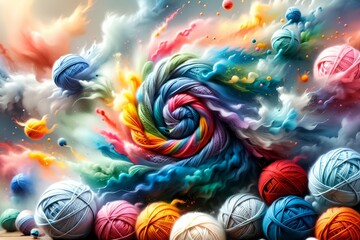 fluffy multi-colored balls of wool for knitting - obrazy, fototapety, plakaty