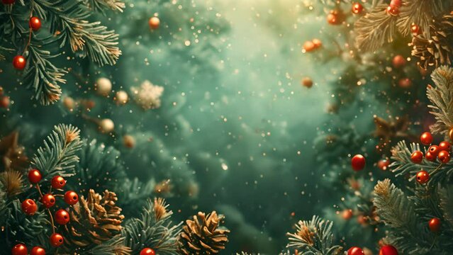 Christmas background with fir branches and red berries