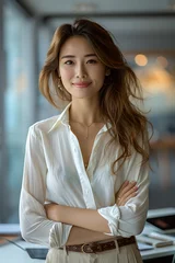 Foto auf Leinwand Elegant Asian Businesswoman in a Chic White Blouse, Generative AI © Crowcat
